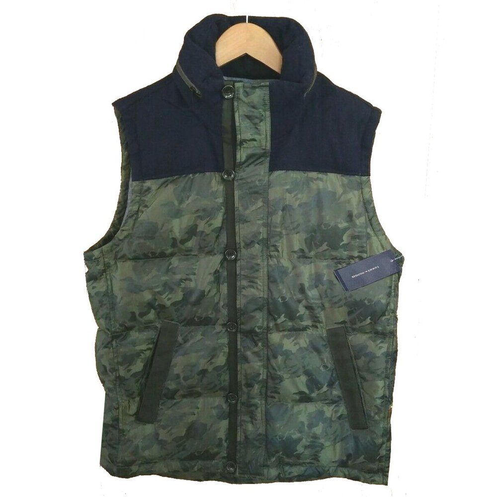 NEW $189 Tommy Hilfiger Down Puffer Vest!  Green Camo With Blue Chambray Lining